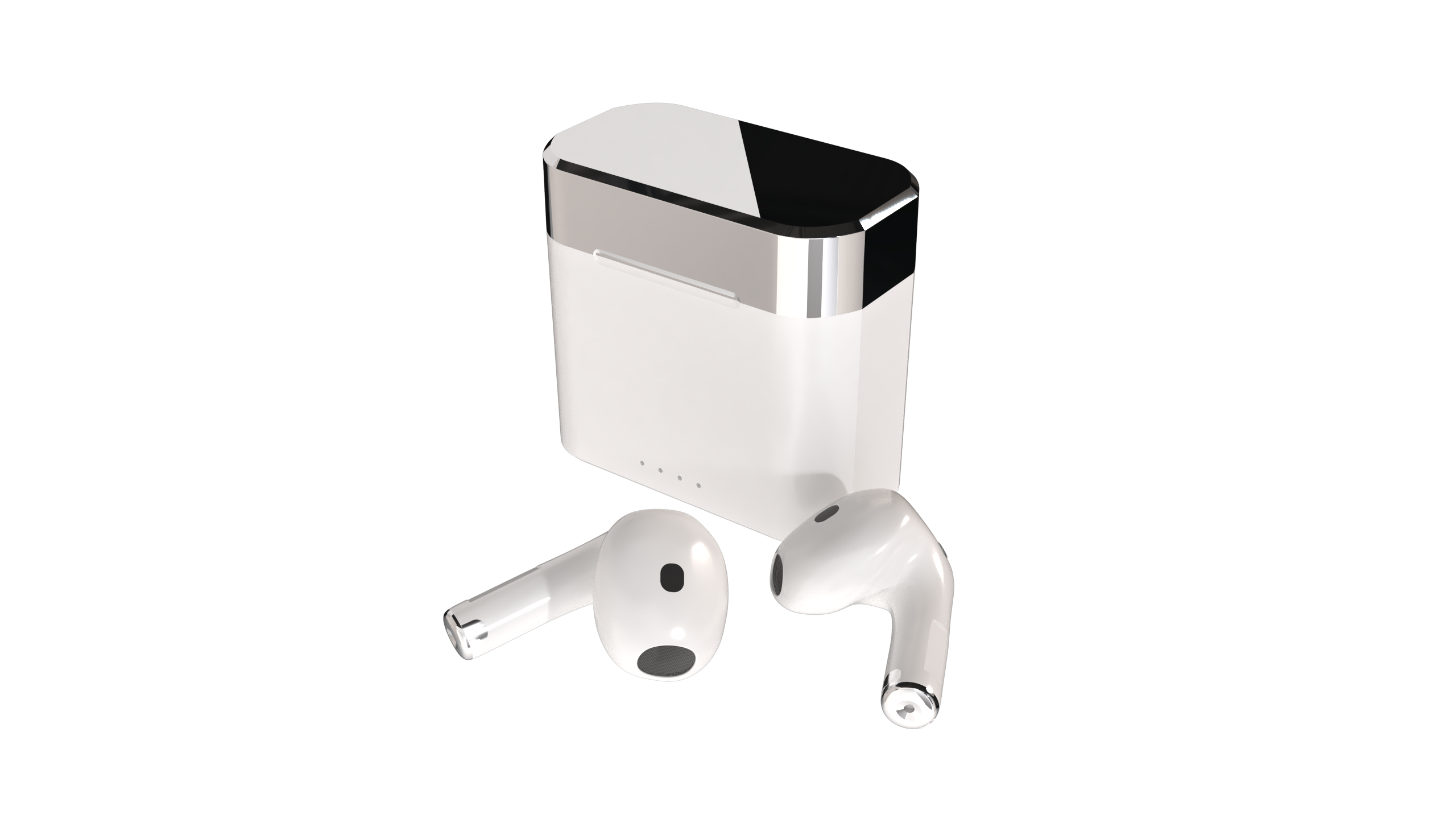 Premium wireless earbuds in charging case, showcasing successful Bluetooth headphone manufacturing project, demonstrating product design and quality